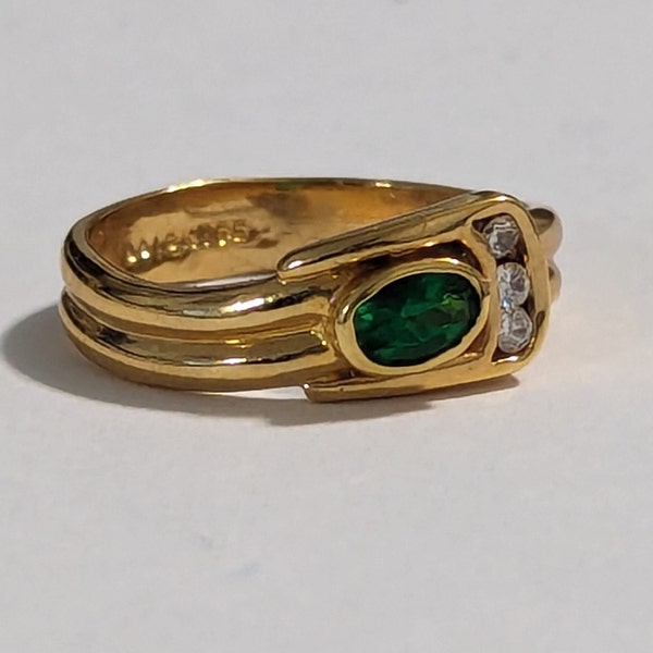 Vintage Green Buckle Emerald Austrian Crystal Ring 18KT Yellow Gold HGE Zircon Cocktail Ring Size 10 Estate Jewelry Marked