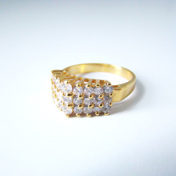 Vintage 18Kt Yellow Gold Finish Clear CZ Swarovski Crystals Ring Size 10  Estate Jewelry