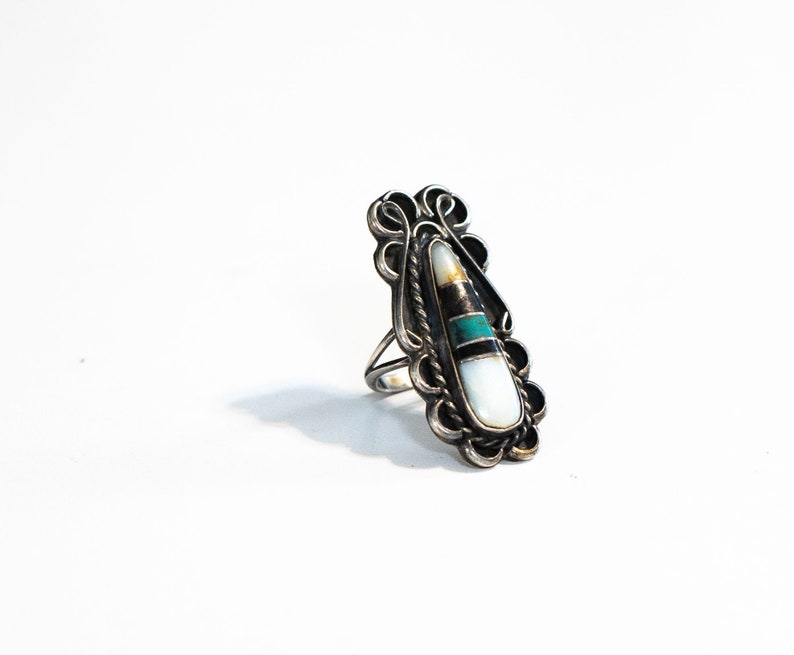 Native American Sterling Silver Mother of Pearl Onyx Turquoise Inlay ...