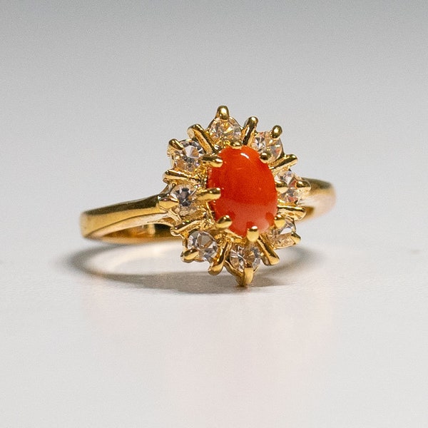 Carnelian & CZ Ring 18Kt HGE Yellow Gold Carnelian Cocktail Golden Ring, Size 6 1/2 Hallmarked