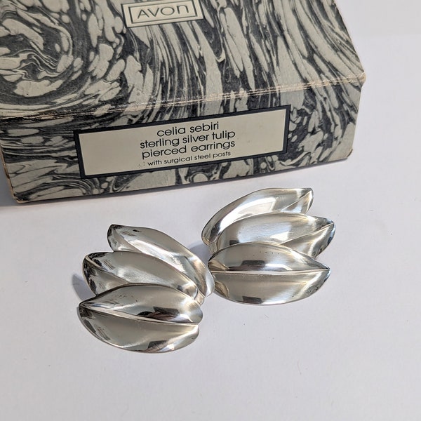 Rare Celia Sebiri for Avon Sterling Silver Tulip Pierced Earrings 1987 Signed New Old Stock