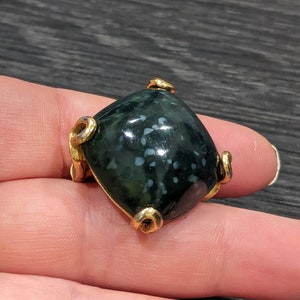 Rare Collectible Signed Vendome Ladies Square Shank Ring with Polished Green Stone Size 6 to 8 Adjustable Dome Cocktail Costume Ring