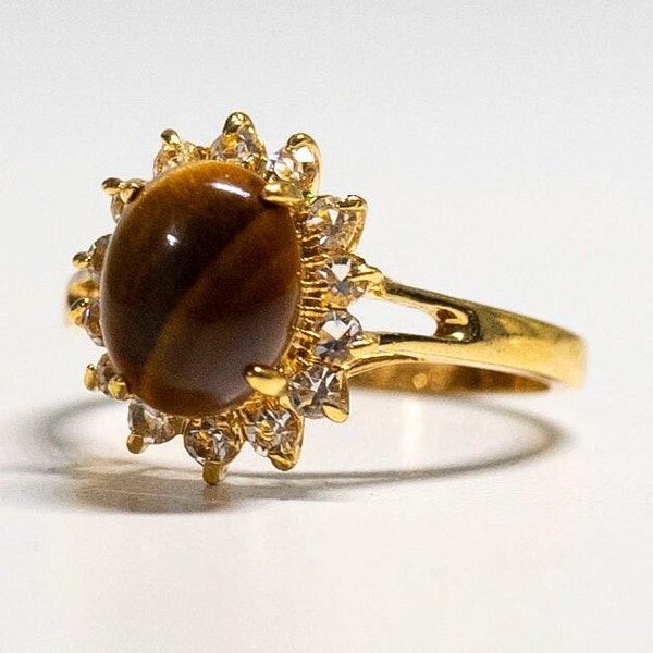 Tigers Eye Yellow Gold 18KT HGE Size 5 Fashion Ring with Sparkling Diamond Cut Crystals Estate Jewelry Cocktail Ring