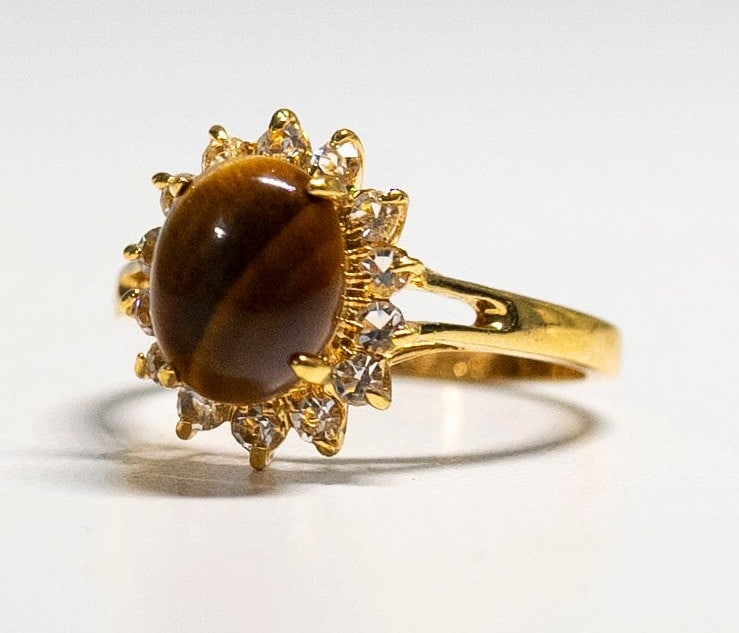 Tigers Eye Yellow Gold 18KT HGE Size 5 Fashion Ring with Sparkling Diamond Cut Crystals Estate Jewelry Cocktail Ring