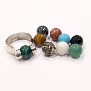 Interchangeable Ring with 9 Large Genuine Stone Balls 925 Sterling Silver Size 9 Unique Mystical Mean Gemstone Ring Excellent Orbs 12mm