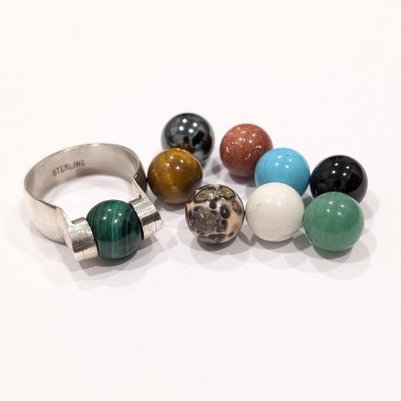 Interchangeable 9 Gemstone Ball Ring: Sterling Si… - image 1