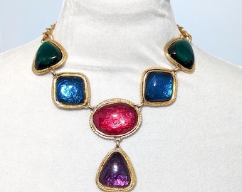 KJL for Avon "Caprianti Collection" Gripoix Necklace: Jewel Tone Cabochons, 1990s Collectible