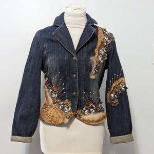 Embellished Beaded Sequins Fox Fur Trim Blue Denim Jacket by WEST 36th Western Rodeo Embroidered Rhinestones Studs