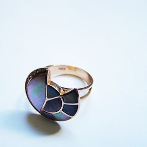 May include: A gold ring with a large, iridescent, multi-colored stone set in the center. The stone is shaped like a crescent moon and has a geometric pattern.