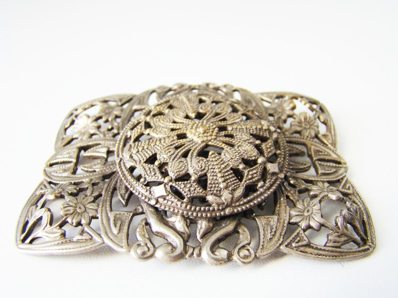 Rare Vintage Silver Tone Marcasite Rectangle Large Brooch Clasp Closure Cloak Coat Kilt Brooch Pretty Gift Costume Jewelry Estate Market