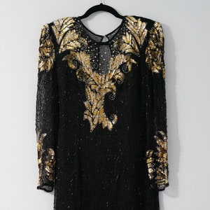 Vintage New Eves Allure sukienka koktajlowa z koralikami i cekinami w kolorze czarnym, antycznym, złotym, 100% jedwabiu, ciężka sukienka Gatsby, długość do kolan, rozmiar M, wieczorowa, formalna sukienka