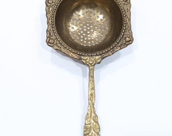 Antique Brass Tea Strainer Spoon: Ornate Floral Design Marked
