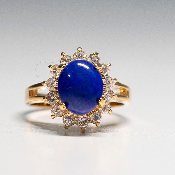 Vintage Lapis Lazuli Yellow Gold 18KT HGE Size 7 1/2 Fashion Ring with Sparkling Diamonds Cut Crystals Estate Jewelry Cocktail Ring