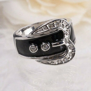 Fashion Camille Lucie Black Enamel Clear Rhinestone Belt Buckle Size 7 Ring