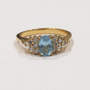 Sky Blue Topaz and Diamond Shape Clear Strass Ring Austrian Crystals Ring 18K HG Electroplated Yellow Gold Size 10 Cocktail Ring