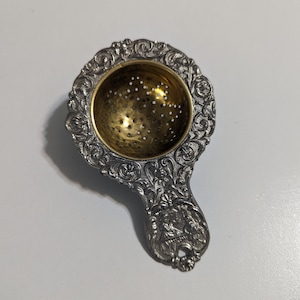 Antique German Silver Plate Ornate Tea Strainer Made in GERMANY Feed The Birds Seaside Ornate Embossed Tea Infuser Strainer Spoon
