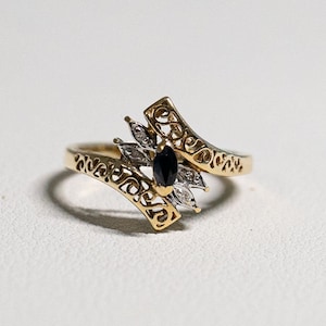 10K Marquise Blue Sapphire Diamond Halo Ring 10k Yellow Gold Filigree Bypass Sapphire Ring with 4 Diamonds Size 6 1/2  Marked & Hallmarked