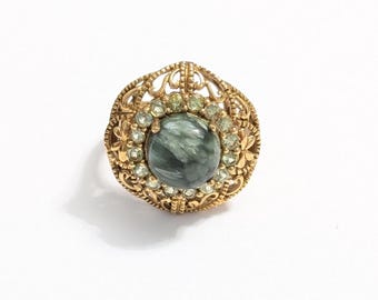 Vintage Karis serafinietgroene cabochon ringmaat 7,5 hartchakra antiek goud India