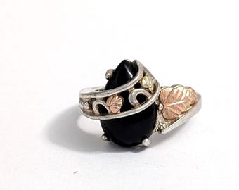 12K Gold & Sterling Silver, Teardrop Black Onyx Leaf Ring, Black Hills Coleman Co, Size 9