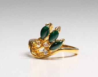 Vintage Malachite CZ DOLPHIN Collection 18Kt Gold Plated Ring, Size 5 1/4