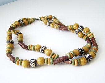 Bohemian Ceramic Bead Necklace, Chunky Ethnic Tribal Jewelry