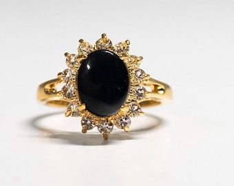 Art Deco Onyx Gemstone & Clear CZ Stones Ring 18Kt HGE Yellow Gold Cocktail Ring  Size 6