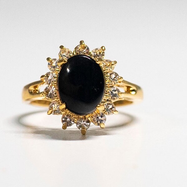 Art Deco Onyx Gemstone & Clear CZ Stones Ring 18Kt HGE Yellow Gold Cocktail Ring  Size 6