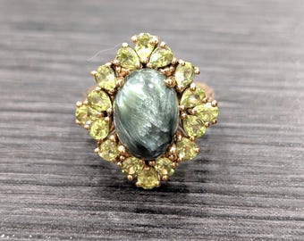Karis Collection Seraphiniet & Peridot Cluster Ring Ovaal GB Chatoyant Groene Edelsteen Maat 8