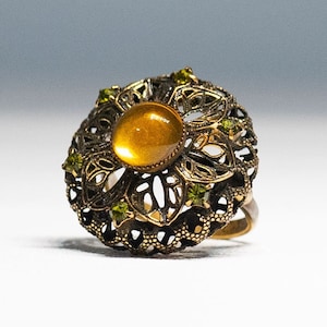 Vintage Old Fashioned Ring European Amber Color Cabochon Floral Cluster Ring Boho Layered Size 5 Adjustable Cocktail Ring Estate Ring