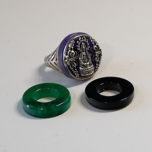 Vintage Lucky Buddha Sterling Silver Interchangeable Ring with Green Onyx Black Onyx Purple Amethyst Discs Cabochons Size 8