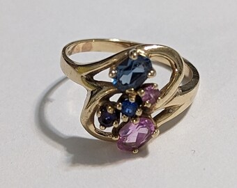 Vintage 10K Yellow Gold Brilliant Cut Alexandrite  Aquamarine Topaz Amethyst Multi Color Stone Bypass Ring Size 9