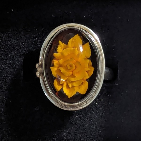Vintage Carved Baltic Amber Ring Reverse Carved Rose Baltic Honey Amber Reversible Sterling Silver Cameo Ring Size 6 1/2