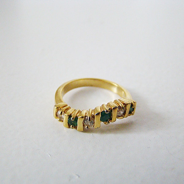 Vintage Emerald and Swarovski Crystals  Ring 18KT HGE Electroplated Yellow Gold Size 6 Estate Jewelry