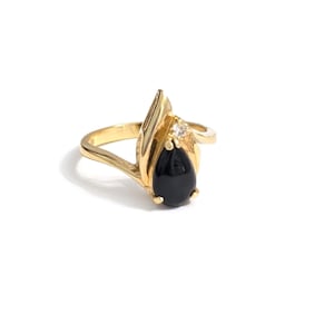 Teardrop Black Onyx and Diamonite Crystals Cocktail Ring Yellow Gold Finish Size 7