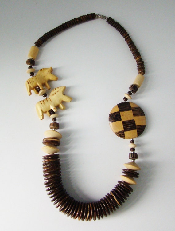 Ethnic Wood Carved Tribal African Wood Necklace W… - image 2
