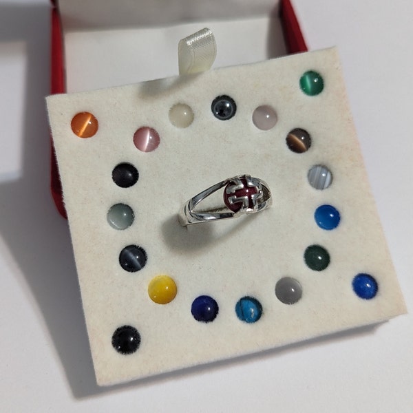 925 Sterling Silver Cross Interchangeable 20 Gemstone and Cat Eye Glass Balls Ring Size 9 1/2 Colors of Life in Original Box