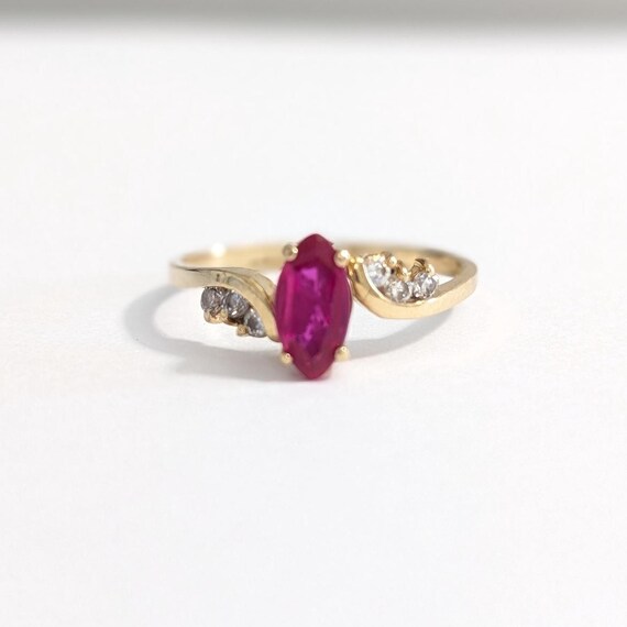 14k Gold Lab Ruby Ring: Marquise Cut with Zircon … - image 3