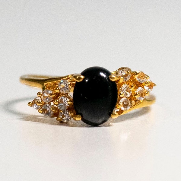 Onyx Gemstone & Clear CZ  Ring 18Kt HGE Yellow Gold Cocktail Ring Size 7 1/2 New Old Stock