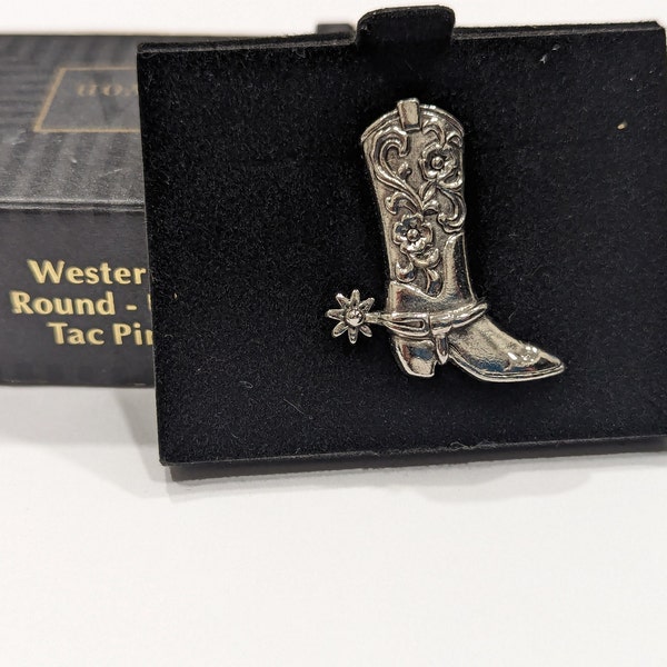 Avon Western Round-Up Boot Pin Tag Avon Cowboy Cowgirl Boot Silver Tone Western Lapel Tac Pin Designer Jewelry Avon New Old Stock 94