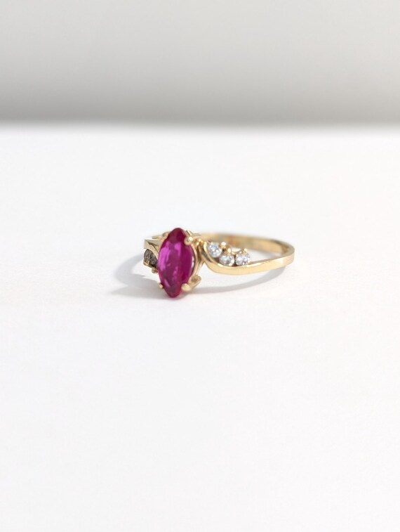 14k Gold Lab Ruby Ring: Marquise Cut with Zircon … - image 7