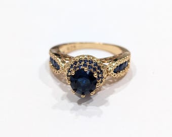 Vermeil Sterling Simulated Sapphire Ring: Austrian Strass Cocktail Ring, Size 8 Marked