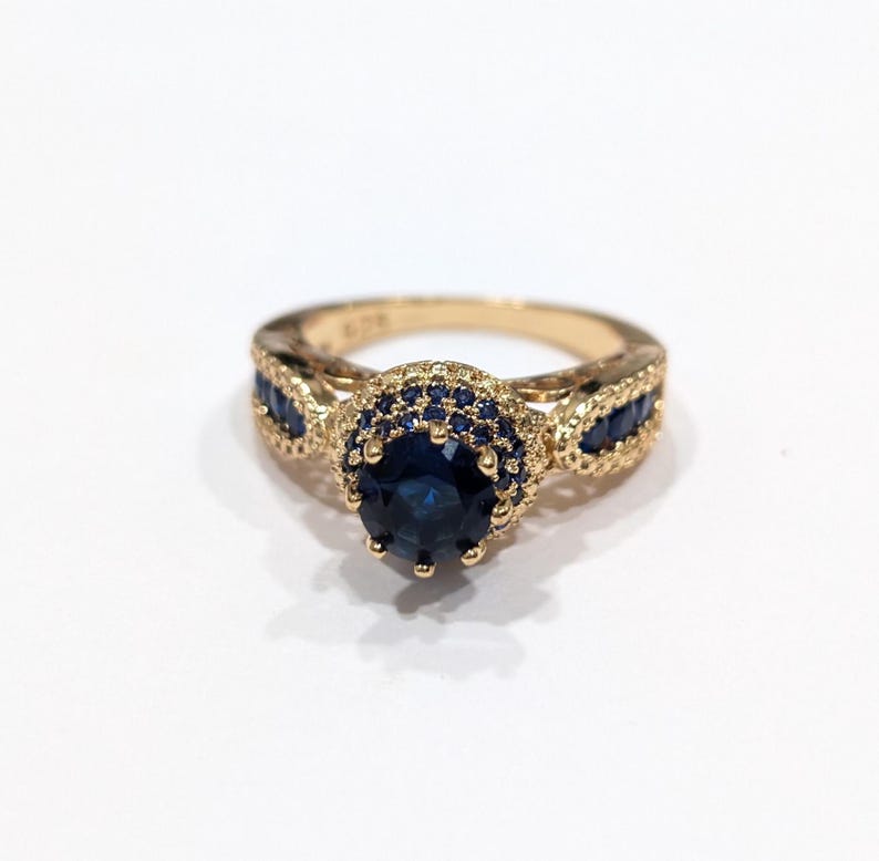 Vermeil Sterling Simulated Sapphire Austrian Strass Ring Size 8 14Kt Gold Over 925 Sterling Sapphire Cocktail Ring Marked Excellent