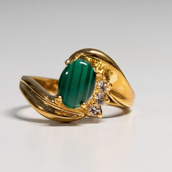 Bypass Malachite Gemstone Ring with Swarovski Crystals  Heart Chakra Stone 18Kt HGE Yellow Gold Ring Size 6 hallmarked