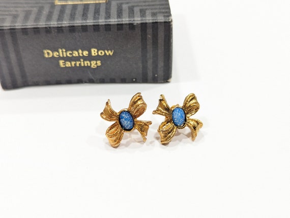 Avon Delicate Bow Earrings Pierced Blue Opalite C… - image 3