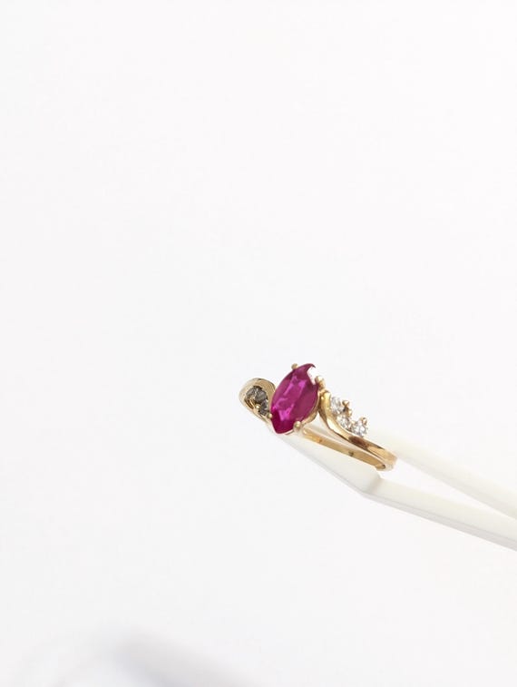 14k Gold Lab Ruby Ring: Marquise Cut with Zircon … - image 5