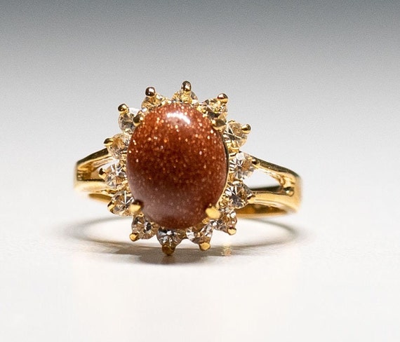 Gold Brown Sunstone Cocktail Ring Size 7 Oval Cut… - image 1