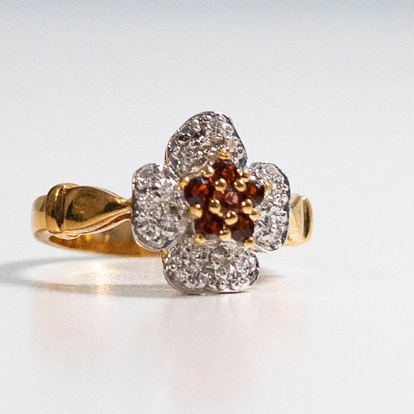 Red Garnet and Moissanite Ring 18KT HGE Yellow Gold Sparking Flower Ring Size 6 Designer Cocktail Ring