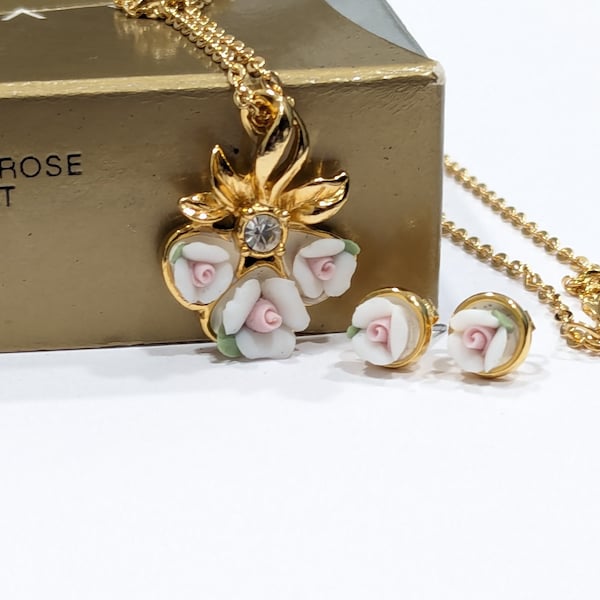 Rare Avon Vintage Porcelain Rose Necklace & Earrings Gift Set Avon Collector Avon New Old Stock 103