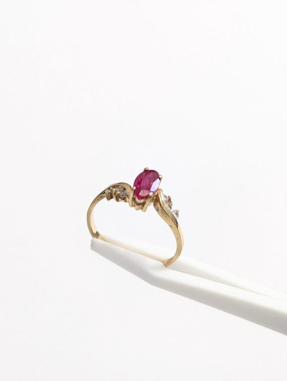 14k Gold Lab Ruby Ring: Marquise Cut with Zircon … - image 6