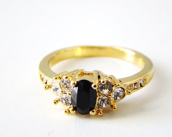 Onyx Ring 14Kt HGE Gold Onyx and Swarovski Crystals Diamond Cut Ring Electroplated Yellow Gold Size 7.5